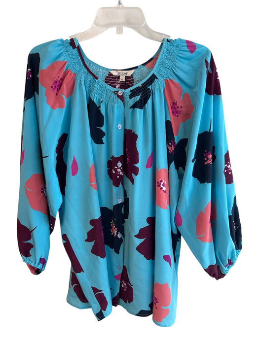 Tucker Size XL Blue & Multi Silk Long Sleeve Flowers Scoop Neck Button up Top Blue & Multi / XL