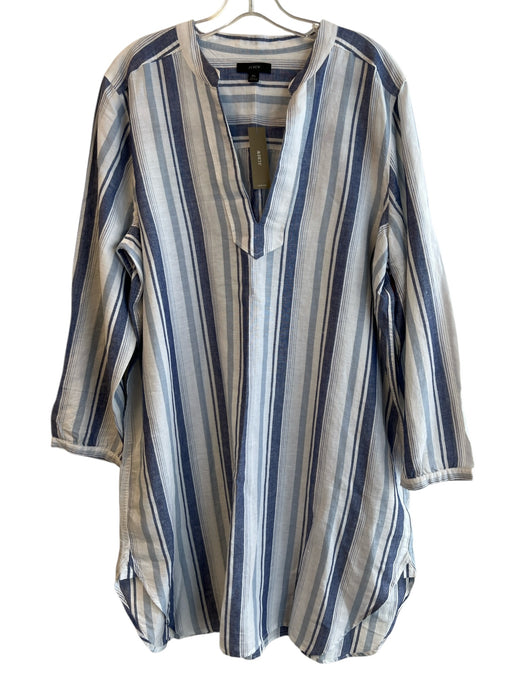 J Crew Size XL Blue & White Linen Blend Long Sleeve Striped V Neck Collar Dress Blue & White / XL