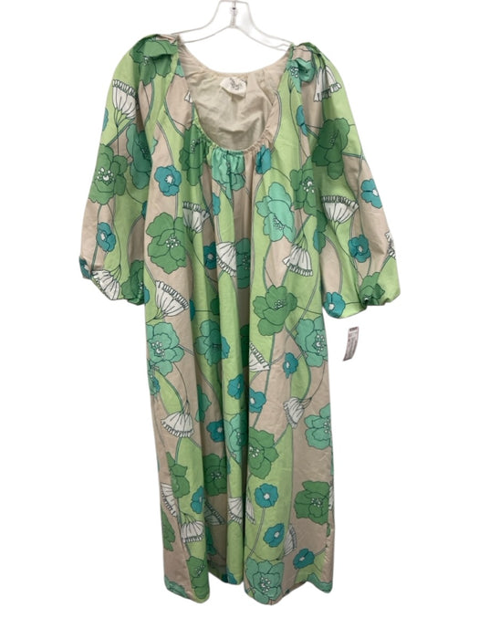 Hyacinth House Size XS Cream Beige & Green Cotton Floral U Neck Dress Cream Beige & Green / XS