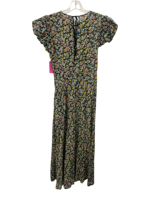 Doen Size S Black & Multi Cotton Blend Floral Puff Cap Sleeve Keyhole Back Dress Black & Multi / S