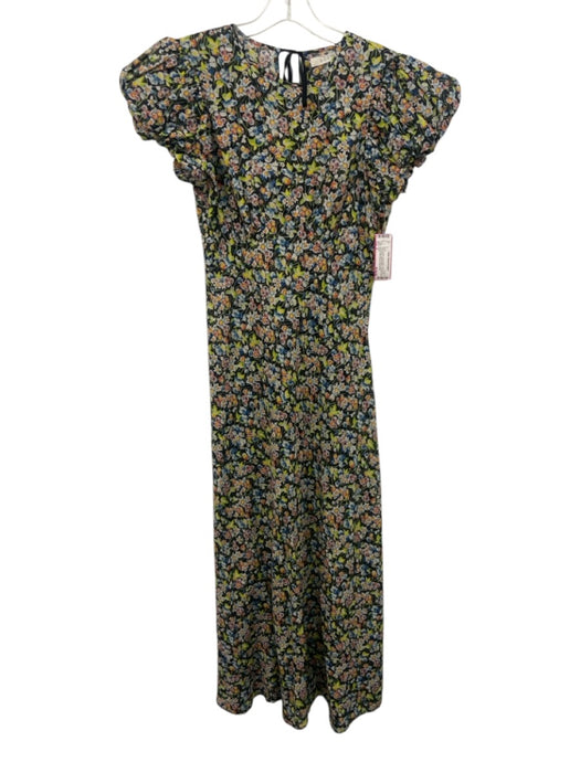 Doen Size S Black & Multi Cotton Blend Floral Puff Cap Sleeve Keyhole Back Dress Black & Multi / S