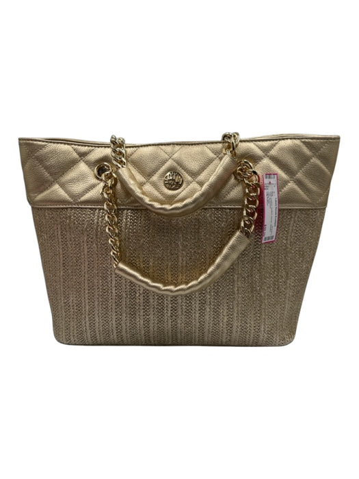 Lilly Pulitzer Gold Leather Quilted Woven Metallic Tote Bag Gold