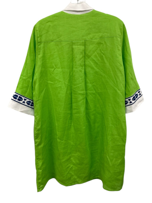 Vilagallo Size 40 Lime Green & Navy Linen 3/4 Sleeve Embroidered Pockets Dress Lime Green & Navy / 40