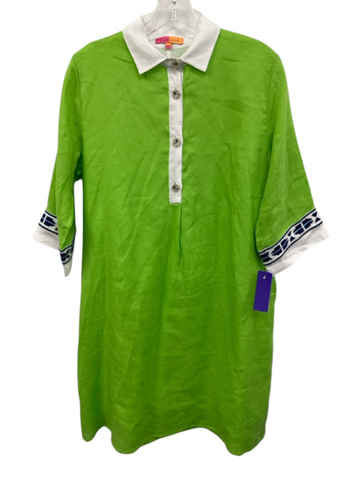 Vilagallo Size 40 Lime Green & Navy Linen 3/4 Sleeve Embroidered Pockets Dress Lime Green & Navy / 40