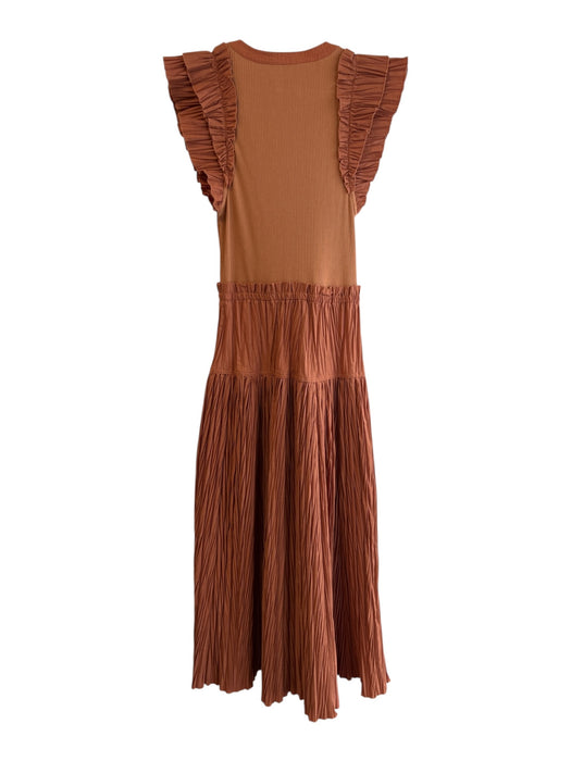Ulla Johnson Size 2 Rust Polyester & Cotton Ribbed Scoop Neck Pleats Dress Rust / 2