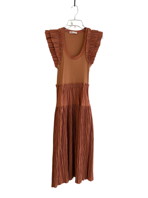 Ulla Johnson Size 2 Rust Polyester & Cotton Ribbed Scoop Neck Pleats Dress Rust / 2