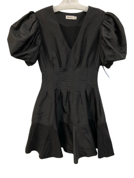 Simkhai Size 0 Black Polyester & Nylon Short Puff Sleeve V Neck Pleated Dress Black / 0