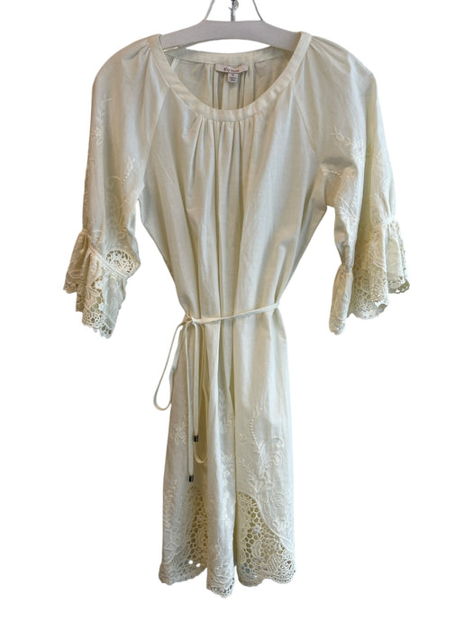 Ella Moss Size XS Ivory Cotton 3/4 Sleeve Round Neck Lace Detail Waist Tie Dress Ivory / XS