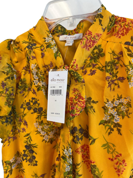 Ella Moss Size XS Yellow Silk Tie V Neck Floral Ruffle Cap Sleeve Dress Yellow / XS
