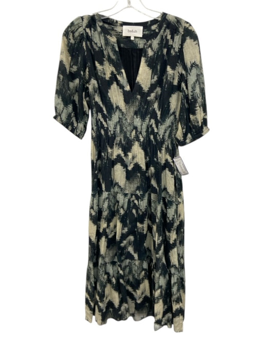 Ba&sh Size 1 Black & Cream Beige Cotton 1/2 Balloon Sleeve Abstract Print Dress Black & Cream Beige / 1