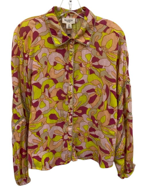 Allison Size S Pink, Yellow, Purple Cotton Long Sleeve Button Up Collar Top Pink, Yellow, Purple / S