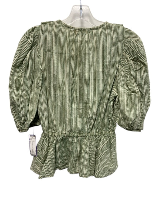 Anna Cate Size XS Cream White & Green Cotton Striped 1/2 Puff Sleeve V Neck Top Cream White & Green / XS
