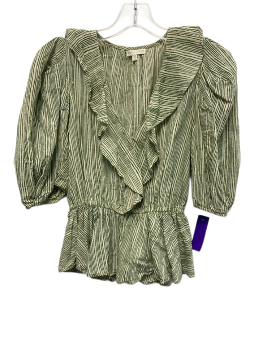 Anna Cate Size XS Cream White & Green Cotton Striped 1/2 Puff Sleeve V Neck Top Cream White & Green / XS