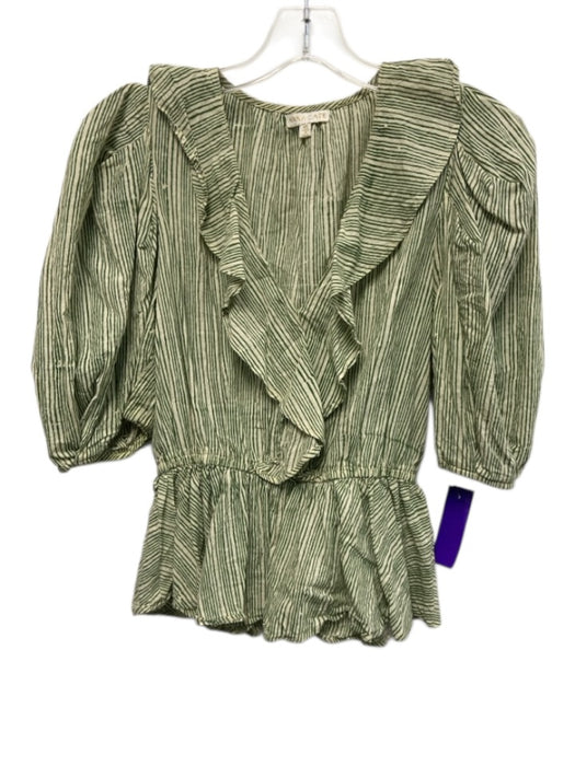 Anna Cate Size XS Cream White & Green Cotton Striped 1/2 Puff Sleeve V Neck Top Cream White & Green / XS