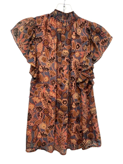 A.L.C. Size 2 Peach Pink, Navy Blue & Brown Silk Flutter Cap sleeve Floral Top Peach Pink, Navy Blue & Brown / 2
