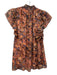 A.L.C. Size 2 Peach Pink, Navy Blue & Brown Silk Flutter Cap sleeve Floral Top Peach Pink, Navy Blue & Brown / 2