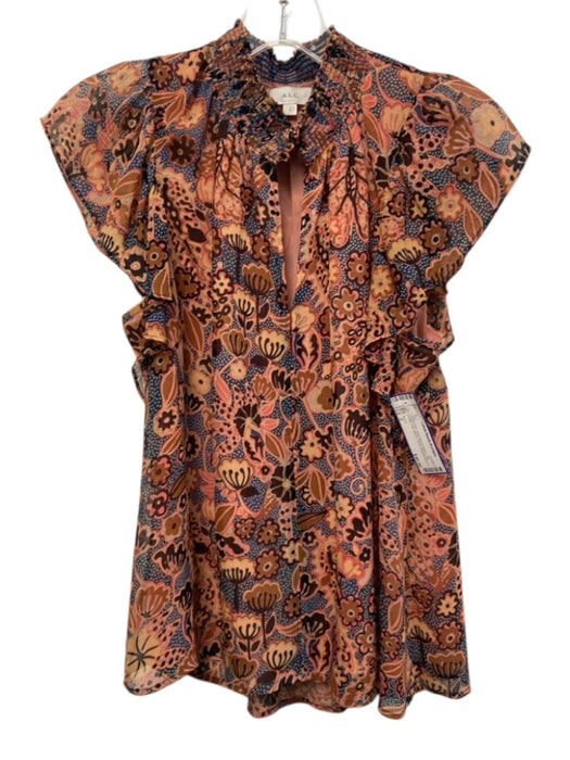 A.L.C. Size 2 Peach Pink, Navy Blue & Brown Silk Flutter Cap sleeve Floral Top Peach Pink, Navy Blue & Brown / 2