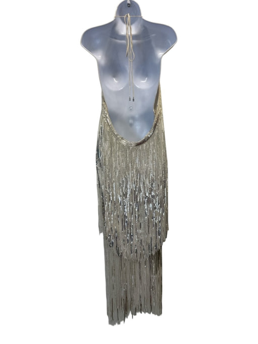 Rotate Size L / 40 Silver & Cream Polyester Blend Sequin Fringe Backless Dress Silver & Cream / L / 40