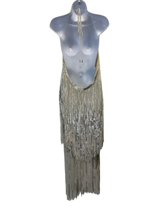 Rotate Size L / 40 Silver & Cream Polyester Blend Sequin Fringe Backless Dress Silver & Cream / L / 40