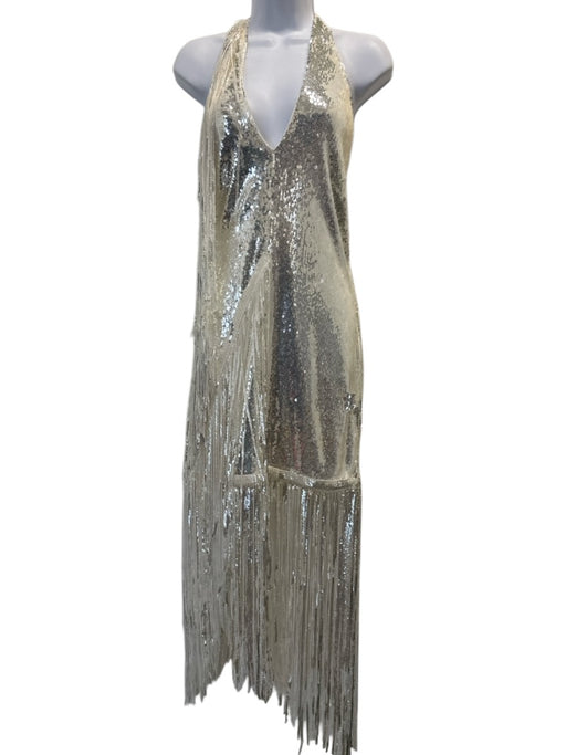 Rotate Size L / 40 Silver & Cream Polyester Blend Sequin Fringe Backless Dress Silver & Cream / L / 40