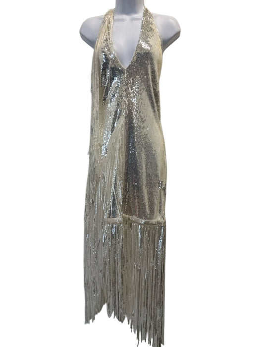 Rotate Size L / 40 Silver & Cream Polyester Blend Sequin Fringe Backless Dress Silver & Cream / L / 40