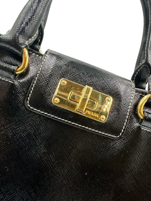 Prada Black Patent Leather Gold Tone Hardware Double Handle contrast stitch Bag Black / S/M