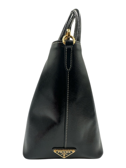 Prada Black Patent Leather Gold Tone Hardware Double Handle contrast stitch Bag Black / S/M