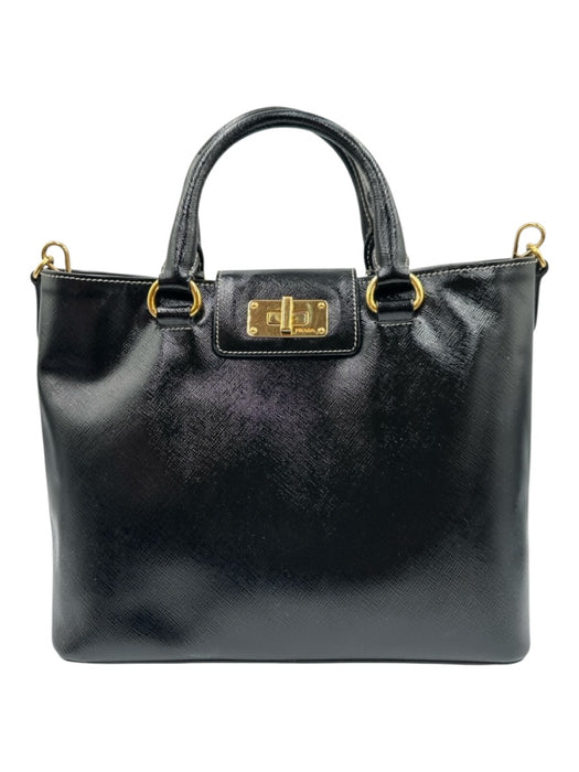 Prada Black Patent Leather Gold Tone Hardware Double Handle contrast stitch Bag Black / S/M