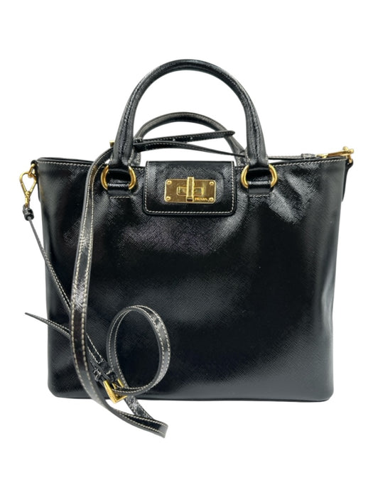 Prada Black Patent Leather Gold Tone Hardware Double Handle contrast stitch Bag Black / S/M
