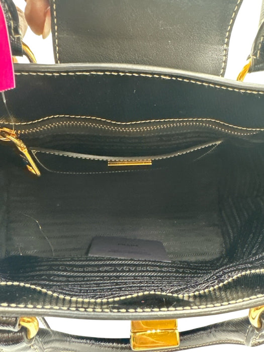 Prada Black Patent Leather Gold Tone Hardware Double Handle contrast stitch Bag Black / S/M