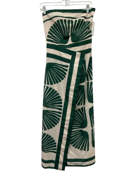 Benaar Size S Green & Cream Cotton Strapless Leaf Print Front Slit Midi Dress Green & Cream / S