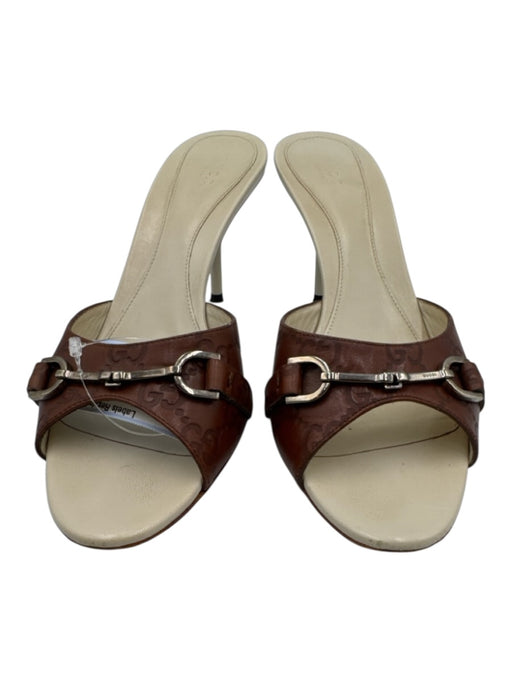 Gucci Shoe Size 37 White & Brown Leather open toe Guccissima Horse Bit Sandals White & Brown / 37