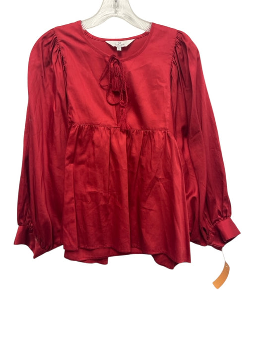 LaRoque Size S Red Cotton Long Sleeve Pleated Neck Split V neck Top Red / S