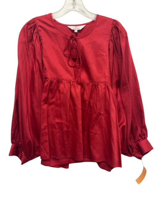 LaRoque Size S Red Cotton Long Sleeve Pleated Neck Split V neck Top Red / S