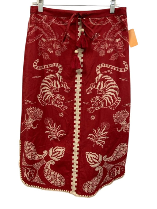 Anna Cate Size S Red & White Cotton Tassels Tiger & Flowers Midi Skirt Red & White / S