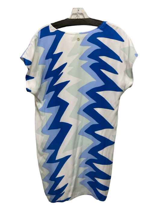 Marie Oliver Size S White & Blue Silk Abstract V Neck Sleeveless Shift Dress White & Blue / S