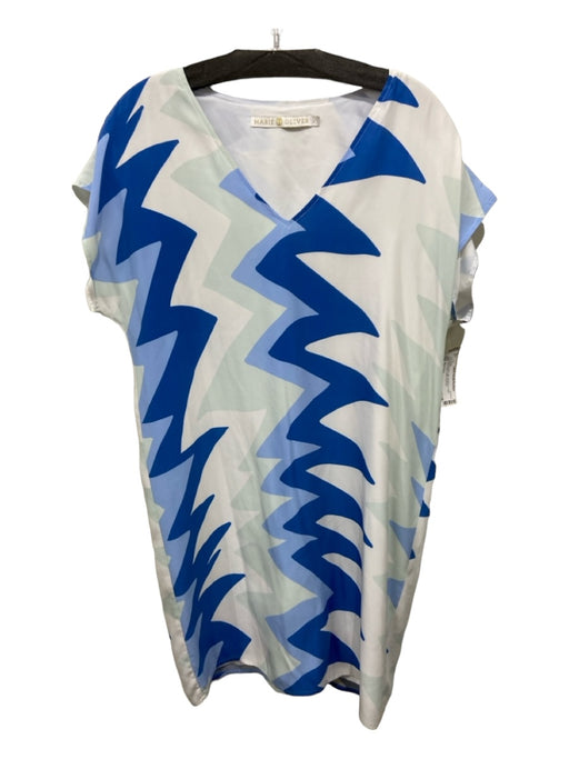 Marie Oliver Size S White & Blue Silk Abstract V Neck Sleeveless Shift Dress White & Blue / S