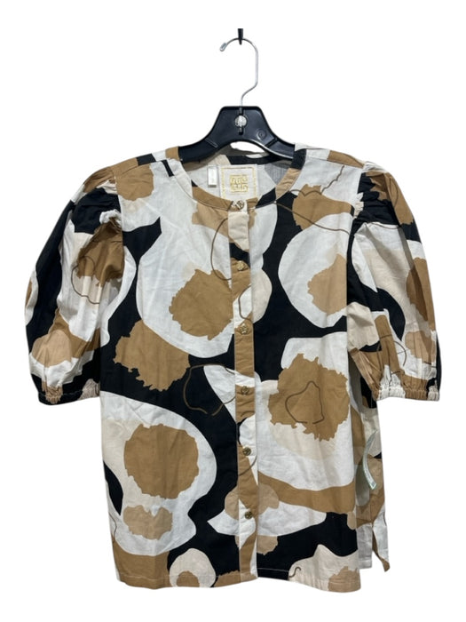 Emily McCarthy Size XS Beige, White & Black Cotton Abstract Half Puff Sleeve Top Beige, White & Black / XS