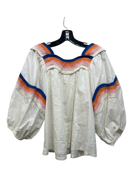 Corey lynn calter Size S Cream, blue & orange Cotton Embroidered Wavy Line Top Cream, blue & orange / S