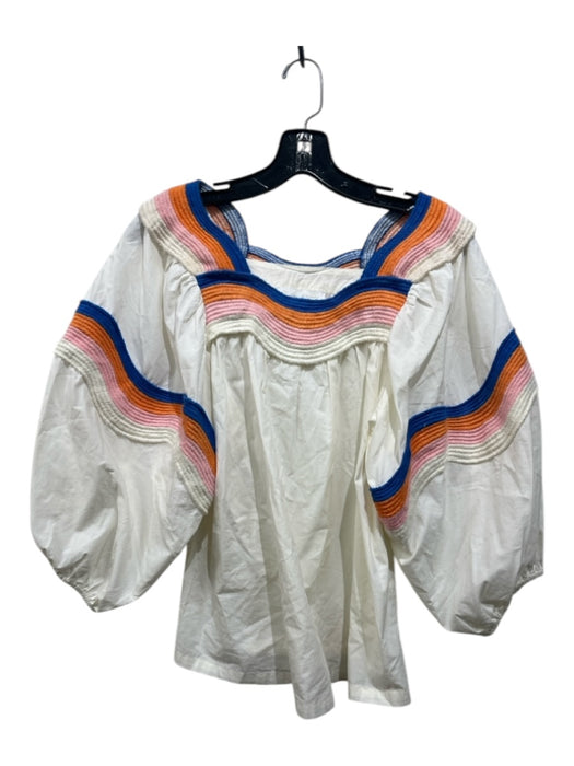 Corey lynn calter Size S Cream, blue & orange Cotton Embroidered Wavy Line Top Cream, blue & orange / S