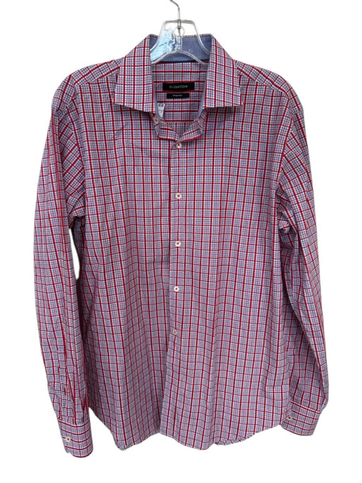 Bugatchi Size Est M Red & Blue Cotton Grid Button Down Men's Shirt Red & Blue / Est M