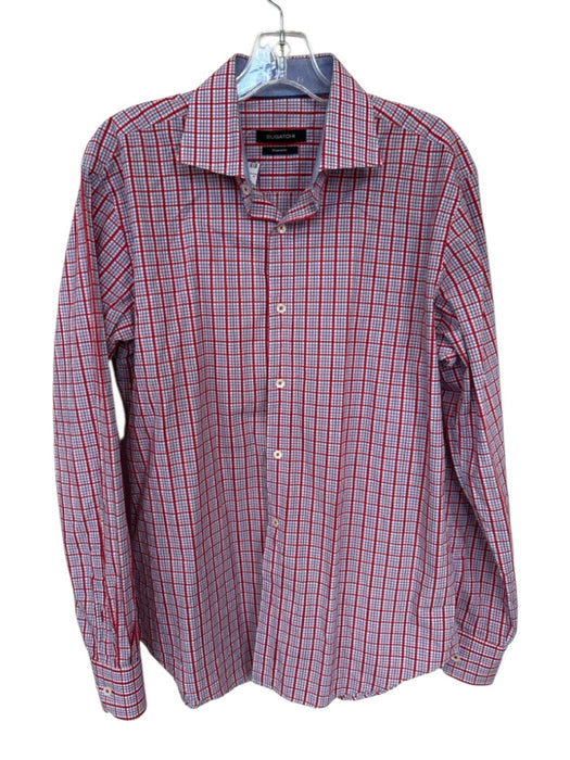 Bugatchi Size Est M Red & Blue Cotton Grid Button Down Men's Shirt Red & Blue / Est M