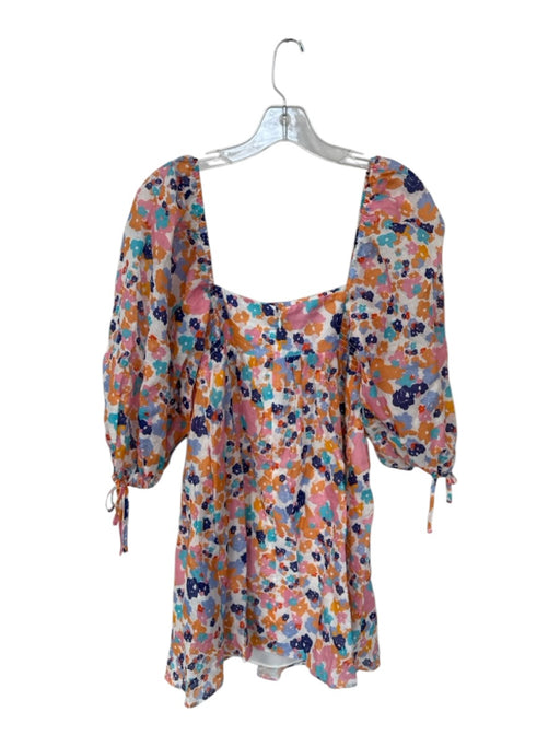 Amanda Uprichard Size S Orange & Blue Linen Short Balloon Sleeve Flowers Dress Orange & Blue / S