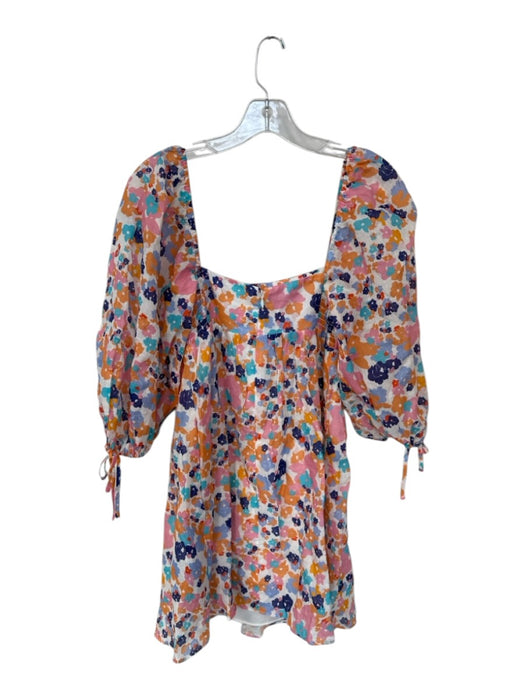 Amanda Uprichard Size S Orange & Blue Linen Short Balloon Sleeve Flowers Dress Orange & Blue / S