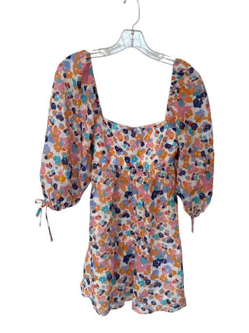 Amanda Uprichard Size S Orange & Blue Linen Short Balloon Sleeve Flowers Dress Orange & Blue / S
