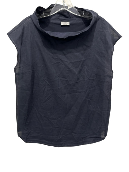 Brunello Cucinelli Size Large Navy Blue Cotton Cap Sleeve Funnel Neck Top Navy Blue / Large