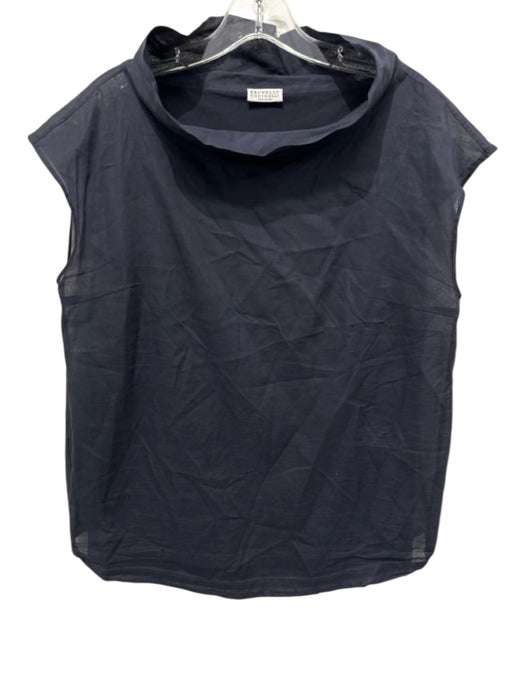 Brunello Cucinelli Size Large Navy Blue Cotton Cap Sleeve Funnel Neck Top Navy Blue / Large