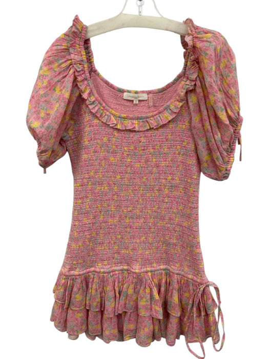 Loveshackfancy Size M Pink & Yellow Cotton Smocked Tie Detail Floral Print Dress Pink & Yellow / M