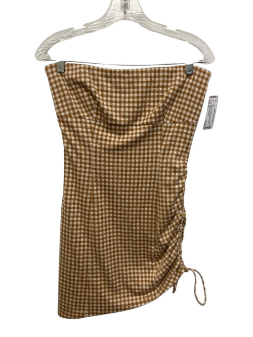 Lovers and Friends Size M Tan & White Polyester & Rayon Gingham Ruched Dress Tan & White / M