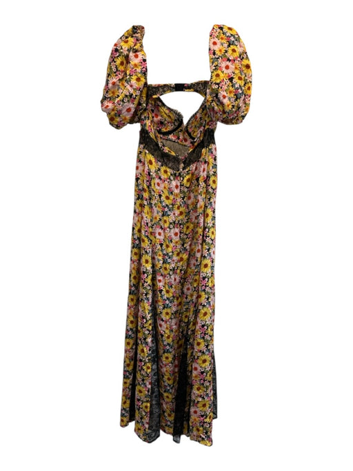 For Love & Lemons Size L Yellow, Pink, Black Ecovero & Viscose Lace Panels Dress Yellow, Pink, Black / L